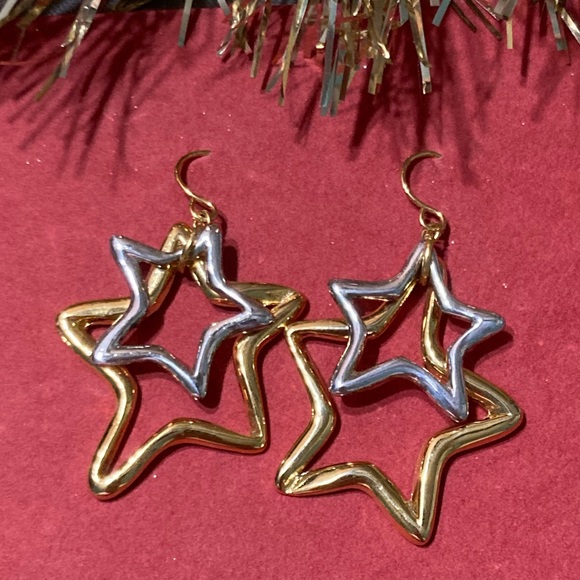 Museum Collection 2 Star Silver & Gold-tone Dangle Earrings Nickel Free - Picture 4 of 4